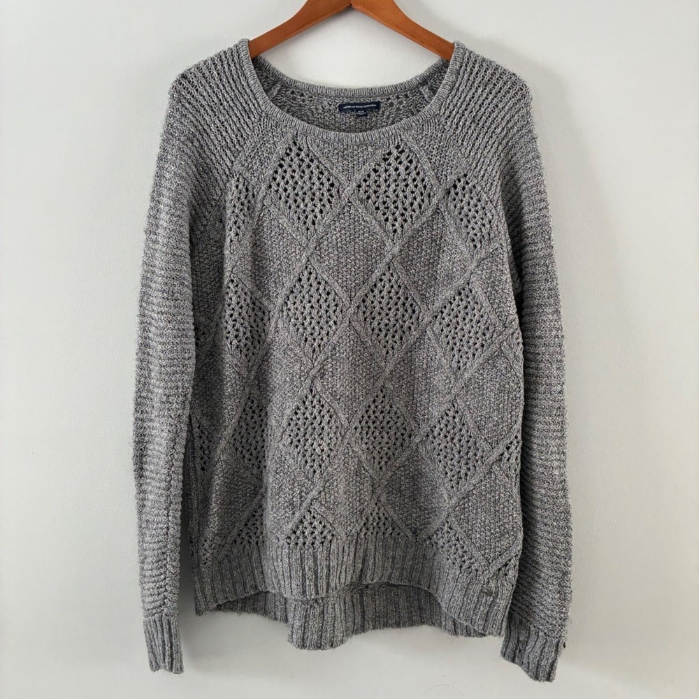 American Eagle Grey Diamond Pointelle Knit Cotton Wool Blend Sweater Womens M